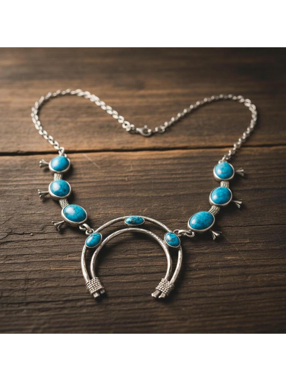 Vintage Costume Turquoise Squash Blossom Necklace - Silver Tone Naja Pendant